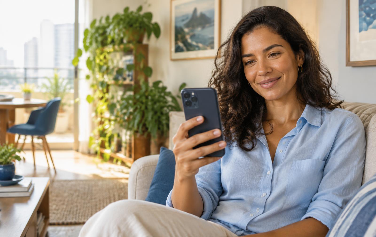Mulher usando o celular para acessar atendimento de saúde em casa
